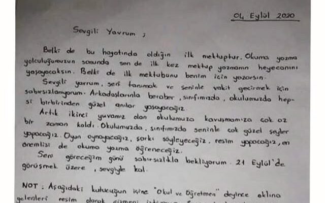 ÖĞRETMENDEN 1. SINIF ÖĞRENCİSİNE MEKTUP